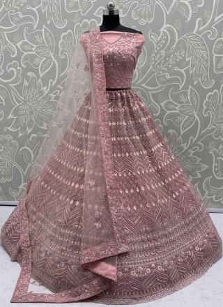 Pink Net Lehenga Choli with Embroidered, Sequins, Zari and Zircon Work