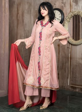 Pink Net Pant Style Suit with Embroidered, Lace, Mirror and Zari Work for Ceremonial