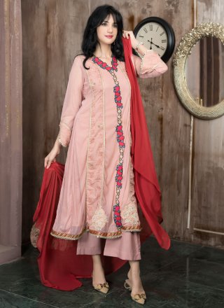 Pink Net Pant Style Suit with Embroidered, Lace, Mirror and Zari Work for Ceremonial