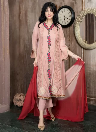 Pink Net Pant Style Suit with Embroidered, Lace, Mirror and Zari Work for Ceremonial