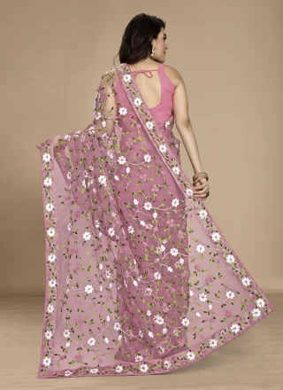 Pink Net Trendy Saree with Embroidered, Multi and Thread Work