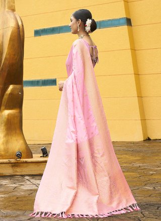 Pink Nylon Classic Saree with Jacquard and Woven Work