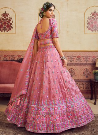 Pink Organza A - Line Lehenga Choli with Booti, Embroidered, Fancy, Mirror and Thread Work for Ceremonial
