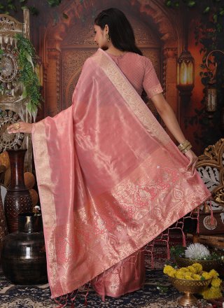 Pink Organza Classic Saree with Weaving Work