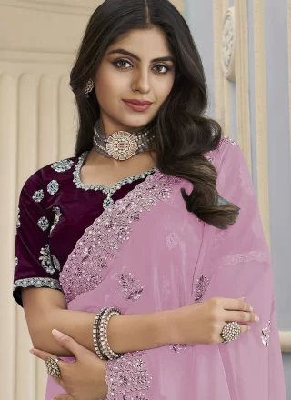 Pink Organza Classic Sari with Beads, Cord, Cut and Thread Work for Ceremonial