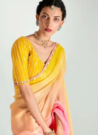 Pink Organza Contemporary Saree with Patch Border, Embroidered and Zari Work