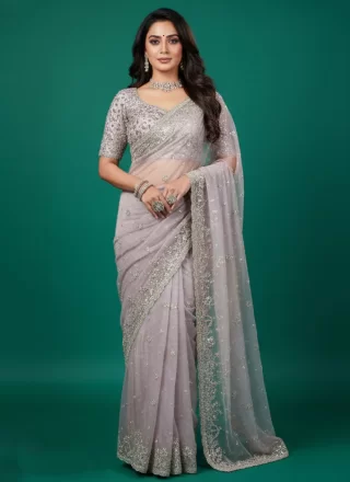 Pink Organza Designer Sari with Embroidered and Thread Work for Ceremonial