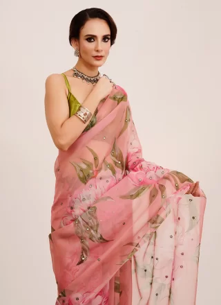 Pink Organza Floral Patch and Mirror Work Trendy Saree
