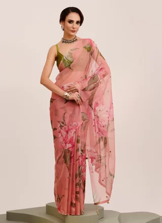 Pink Organza Floral Patch and Mirror Work Trendy Saree