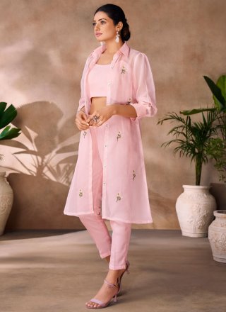 Pink Organza Party Wear Kurti with Embroidered Work