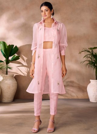 Pink Organza Party Wear Kurti with Embroidered Work