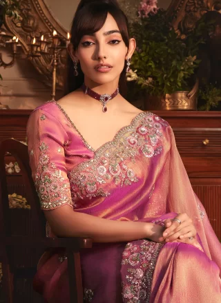 Pink Organza Patch Border, Cut, Embroidered, Sequins and Zari Work Classic Saree
