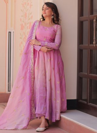 Pink Organza Sequins, Thread and Zari Work  Designer Gown