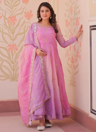 Pink Organza Sequins, Thread and Zari Work  Designer Gown