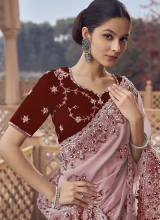 Pink Organza Traditional Saree with Cord, Cut, Embroidered, Hand and Zari Work for Party