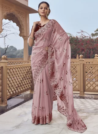 Pink Organza Traditional Saree with Cord, Cut, Embroidered, Hand and Zari Work for Party