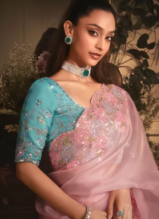 Pink Organza Trendy Saree with Patch Border, Cut, Embroidered, Sequins and Zari Work for Engagement