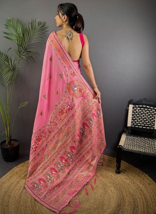 Pink Pashmina Contemporary Sari with Weaving Work
