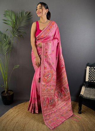 Pink Pashmina Contemporary Sari with Weaving Work