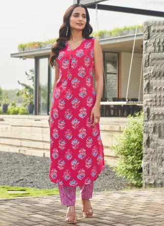 Pink Poly Cotton Designer Kurti with Print Work
