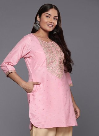 Pink Polyester Print Work Casual Kurti