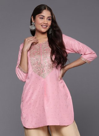 Pink Polyester Print Work Casual Kurti