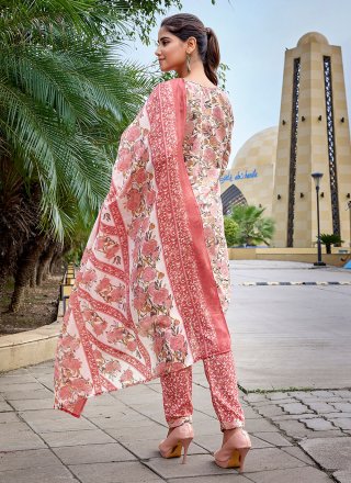 Pink Print Work Blended Cotton Pant Style Suit