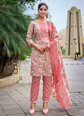 Pink Print Work Blended Cotton Pant Style Suit