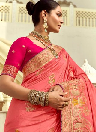 Pink Pure Dola Designer Sari with Cut Dana, Moti, Weaving and Zari Work for Ceremonial