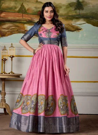 Pink Pure Dola Gown with Fancy, Print, Weaving and Zari Work