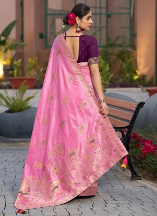 Pink Pure Dola Meenakari, Swarovski, Woven and Zari Work Classic Saree for Engagement