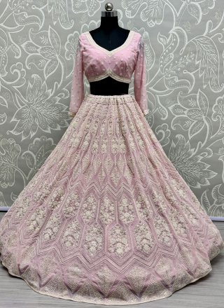 Pink Pure Georgette Readymade Lehenga Choli with Embroidered, Fancy, Floral Patch, Hand, Moti and Sequins Work