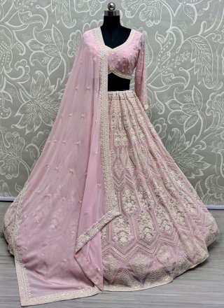 Pink Pure Georgette Readymade Lehenga Choli with Embroidered, Fancy, Floral Patch, Hand, Moti and Sequins Work