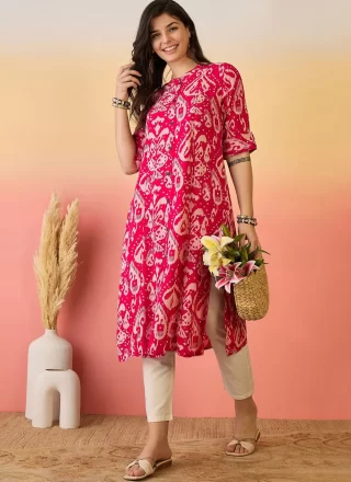 Pink Rayon Casual Kurti with Fancy and Print Work