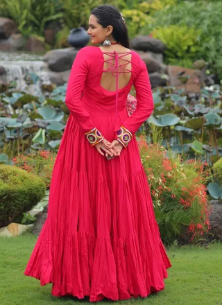 Pink Rayon  Designer Gown with Embroidered, Gamthi and Print Work for Festival
