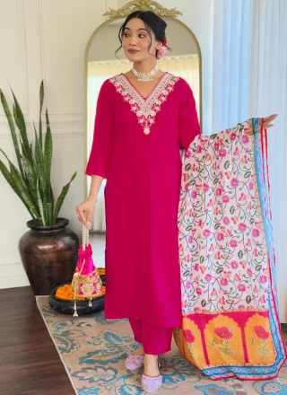 Pink Rayon Embroidered and Print Work Salwar Suit