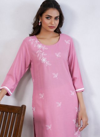 Pink Rayon Embroidered Work Party Wear Kurti