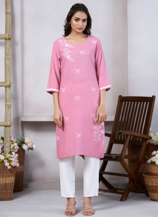 Pink Rayon Embroidered Work Party Wear Kurti
