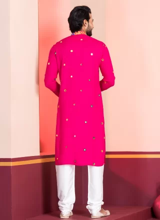 Pink Rayon Kurta Pyjama with Embroidered and Lace Work