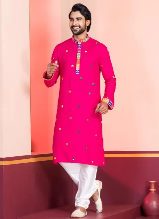 Pink Rayon Kurta Pyjama with Embroidered and Lace Work