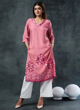 Pink Rayon Party Wear Kurti with Embroidered Work