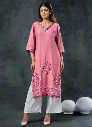 Pink Rayon Party Wear Kurti with Embroidered Work