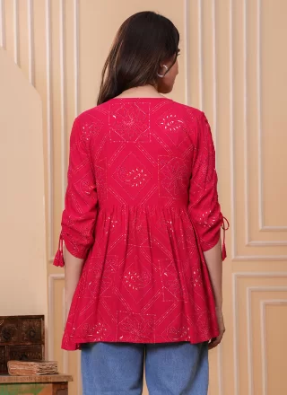 Pink Rayon Print Work Designer Kurti for Festival