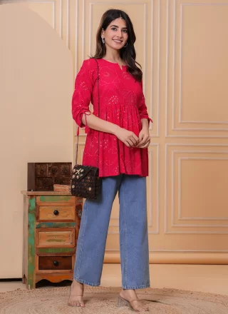 Pink Rayon Print Work Designer Kurti for Festival