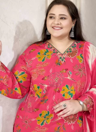 Pink Rayon Print Work Readymade Salwar Suit for Ceremonial
