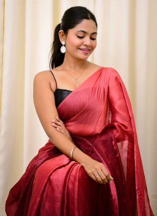 Pink Satin Embroidered Work Classic Sari