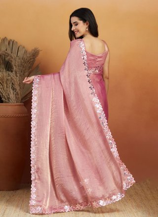 Pink Satin Embroidered Work Contemporary Saree for Ceremonial