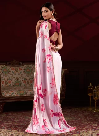 Pink Satin Silk Patch Border, Floral Patch, Lace and Pearls Work Contemporary Saree