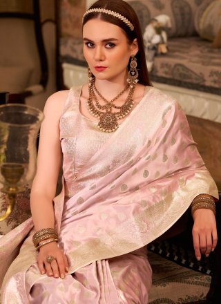 Pink Satin Silk Weaving and Zari Work Classic Saree for Ceremonial
