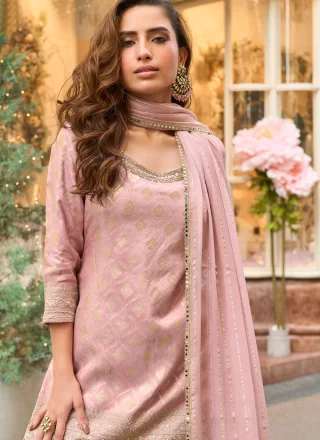 Pink Shimmer Embroidered, Jacquard, Mirror and Zari Work Readymade Salwar Suit for Ceremonial